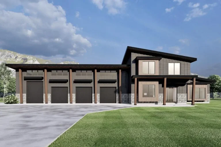 Double-Story, 3-Bedroom Modern Barndominium-Style House with 4-Car Garage and Workshop (Floor Plan)