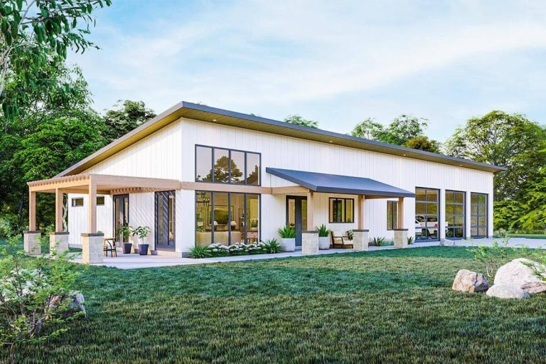 Single-Story, 4-Bedroom Modern-Style Barndominium House Under 2,000 Square Feet (Floor Plans)
