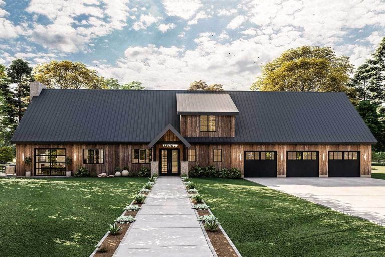 3-Bedroom Rustic Barndominium-Style House with Overhead Doors That Bring the Outside In (Floor Plans)