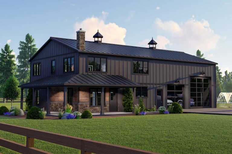 Deluxe Barndominium with 2-Story Living Room (Floor Plans)