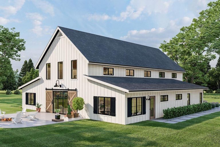 Double-Story, 3-Bedroom Barndominium-style House with Home Office and Two-story Great Room (Floor Plans)