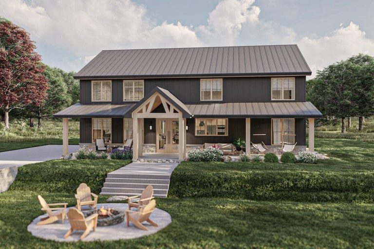 Double-Story, 4-Bedroom Barndominium-Style House with Home Office (Floor Plans)