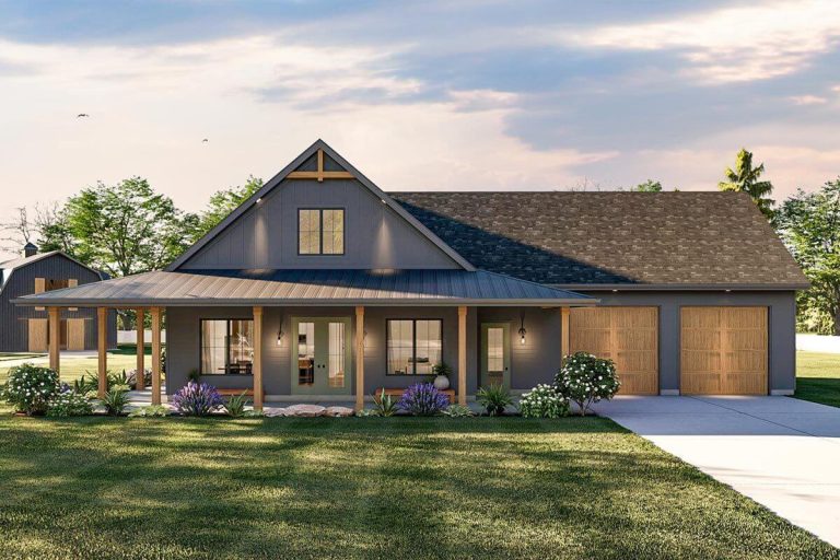 3-Bedroom Barndominium-Style Farmhouse with 1,008 Sq. Ft. 3-Car Garage (Floor Plans)