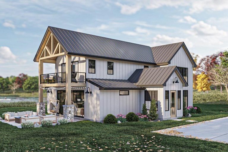 Double-Story, 2-Bedroom Modern Barndominium-Style House with Two-Story Great Room (Floor Plans)